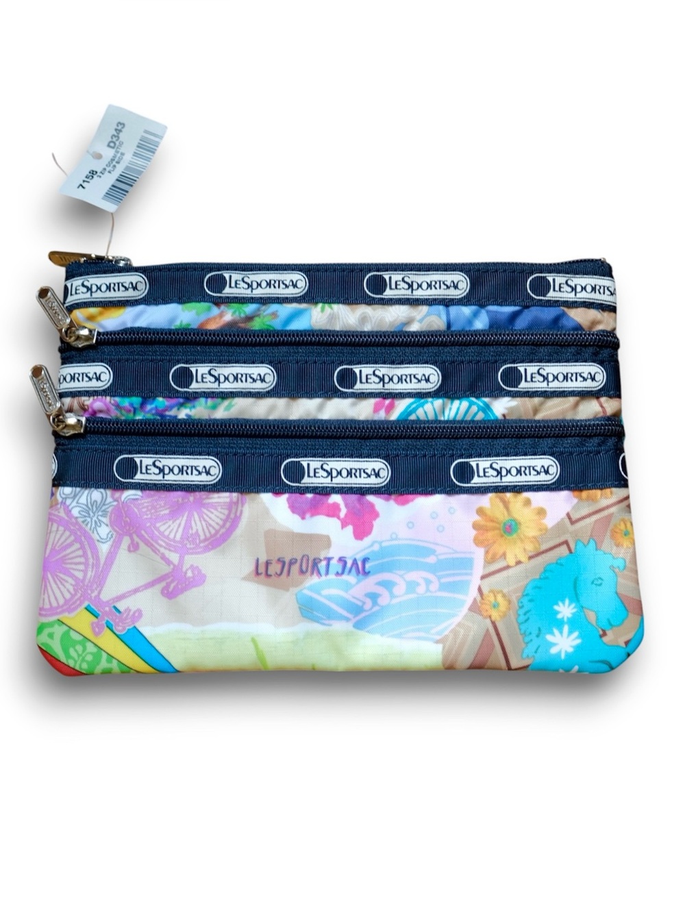 NWT LeSportsac 3-Zip Cosmetic Bag Blue Multicolor Floral Country Travel